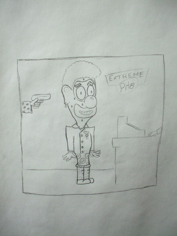 A crossdressing clown held at gunpoint by a very powerful wizard